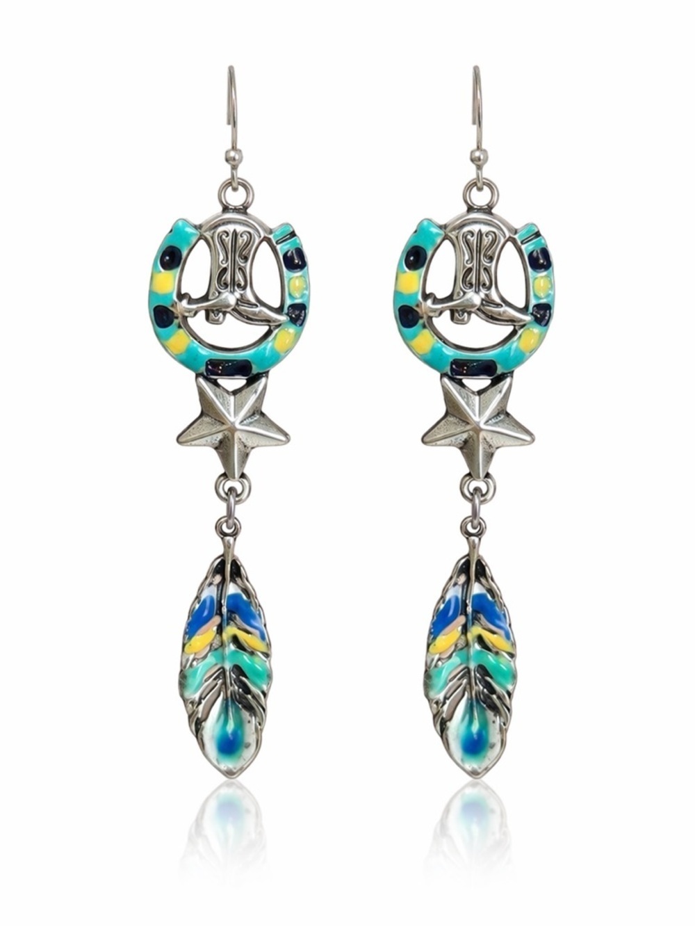 Boho Horseshoe & Feather Drop Earrings - Turquoise Multi Enameled